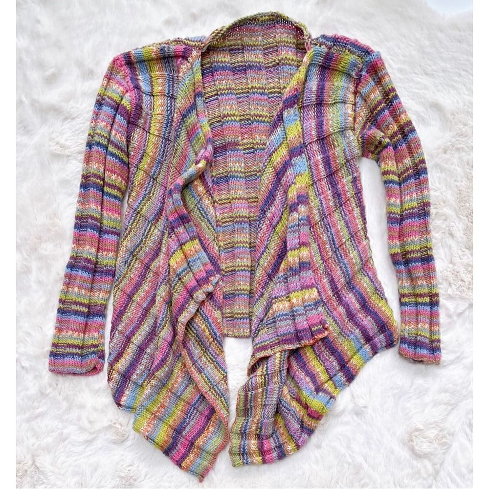 Vintage Y2K Hand Knit Cardigan Open Front Sweater Multi Color Rainbow size S